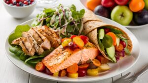 Balanced meal ideas including grilled chicken salad, whole wheat wrap, baked salmon with vegetables, and fresh fruit, promoting healthy eating for childhood obesity.