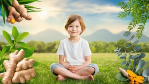 A calm, smiling child aged 7 to 8, sitting cross-legged on a grassy field, surrounded by medicinal plants like ginger, turmeric, and eucalyptus, with a clear, sunny sky and distant mountains in the background