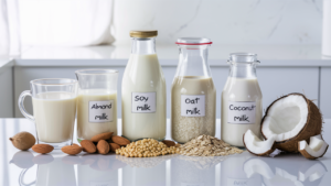 Top-down view of a kitchen counter with dairy-free milk options, including almond milk, soy milk, oat milk, and coconut milk, surrounded by their respective ingredients.