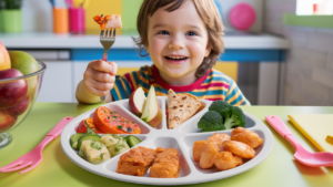 A cheerful young child, sitting at a kitchen table filled with a variety of colorful, healthy foods, smiling and holding a fork with a piece of food.