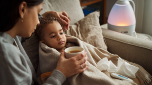 Parent caring for a sick child with the flu, offering water while the child rests on a cozy couch with a blanket, tissues, and a thermometer nearby