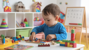 Preschool-aged child engaged in cognitive-boosting activities in a colorful playroom, playing with a puzzle, building blocks, and doing math on a whiteboard