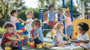 playtime for Group of young children engaged in diverse forms of play, building with blocks, playing on a jungle gym, and painting in a bright, sunny park