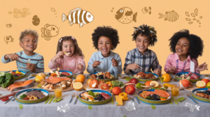 Children enjoying a healthy meal with omega-3 rich foods like salmon, walnuts, and leafy greens, promoting brain development and health.