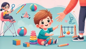 Illustration of a young child sitting on the floor, engaging with colorful toys, while a teacher offers guidance. Surrounding the child are educational tools like a beach ball, building blocks, and a rainbow stacker. Another child sits in the background holding a toy, representing playful learning and motor skill development.