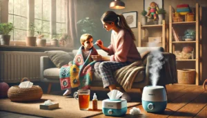 A mother applying saline nasal drops to her toddler, who is sitting on a couch wrapped in a blanket, with a humidifier and herbal tea nearby, providing home remedies for the common cold.