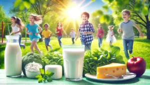 Children playing outdoors in a park, with calcium-rich foods like milk, cheese, yogurt, and leafy greens on a table in the foreground, symbolizing strong bones and healthy growth