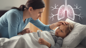 A concerned parent checks on their young child lying in bed, with a thermometer nearby, while softly feeling the child’s forehead to check for fever. Subtle illustrations of lungs are visible in the background, creating a cozy and caring atmosphere.