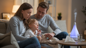 Parents Caring for a Child with a Persistent Cough in a Cozy Living Room Setting